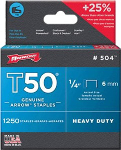 Arrow Fastener 504 1/4" 6mm T50 Staples (1,250pk)