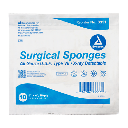 X-Ray Detectable Surgical Gauze Sponge Sterile, 4" x 4", 128/10 (1280/Cs)