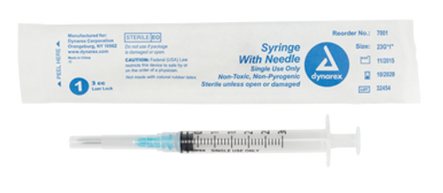 Syringe - Non-Safety with Needle - 3cc - Luer Lock, 23G, 1" needle, 8/100/cs