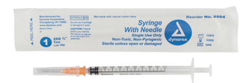Syringe - Non-Safety with Needle - 1cc Luer slip, 25G, 5/8", 8/100/cs