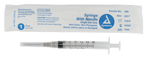 Syringe - Non-Safety with Needle - 3cc Luer Lock, 22G, 1" needle, 8/100/cs