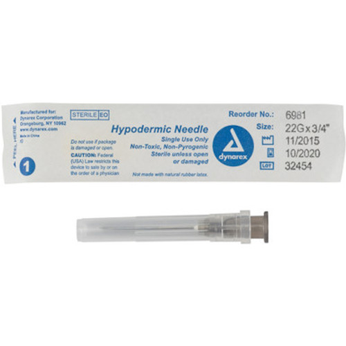 Hypodermic Needle - Non-Safety, 22G, 3/4" needles, 10/100/cs