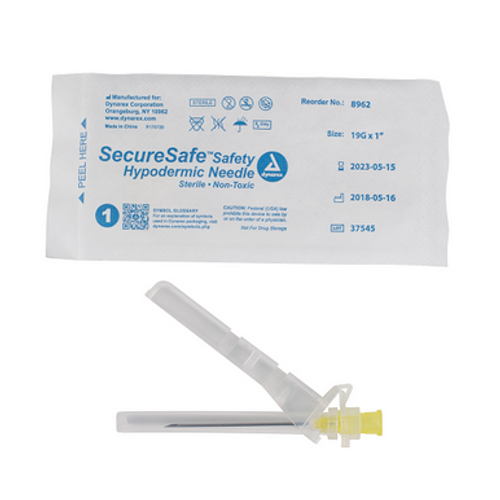 SecureSafe Safety Hypodermic Needle, 19G, 1 " needle, 10/100/case