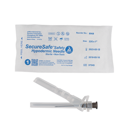 SecureSafe Safety Hypodermic Needle, 22G, 1" needle, 10/100/cs