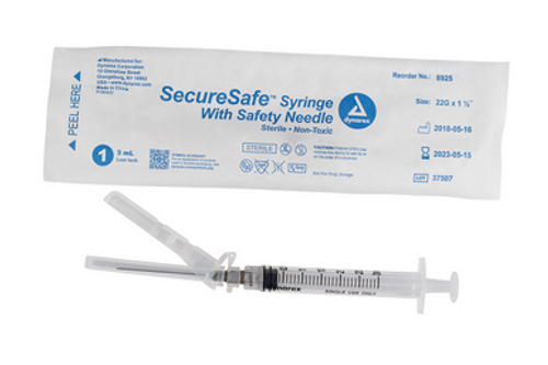 SecureSafe Syringe w/ Safety Needle - 3cc Luer Lock, 22G, 1.5" needle, 8/100/cs