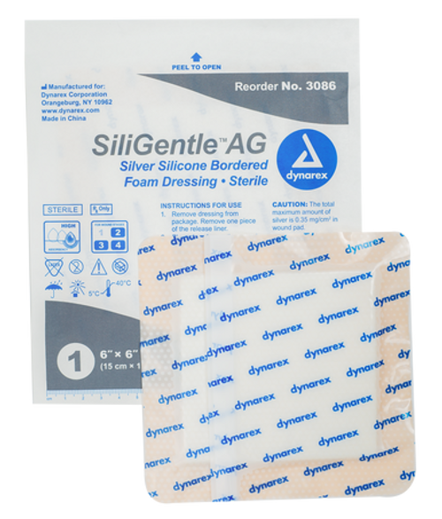 SiliGentleAG - Silver Sil. Bordered Foam Dressing, 6" x 6", 5/10/cs