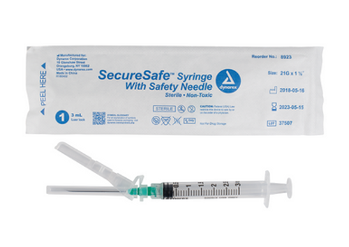 SecureSafe Syringe w/ Safety Needle - 3cc - Luer Lock, 21G, 1.5" needle, 8/100/cs