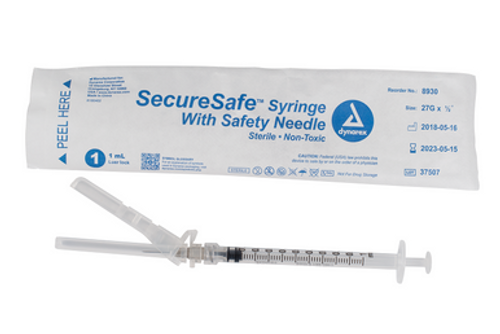 SecureSafe Syringe w/ Safety Needle - 1cc Luer Lock, 27G, 1/2" needle, 8/100/cs