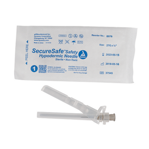 SecureSafe Safety Hypodermic Needle, 27G,  1/2" needle, 10/100/cs