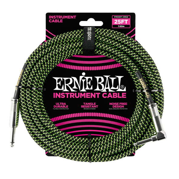 Ernie Ball Braided Instrument Cable Straight/Angle 25ft - Black/Green