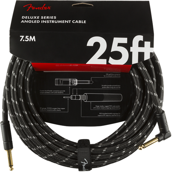 Fender Deluxe Series Instrument Cable, Straight/Angle, 25', Black Tweed