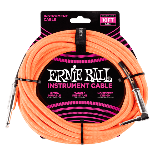 Ernie Ball P06079 Braided Instrument Cable Straight/Angle 10' - Neon Orange