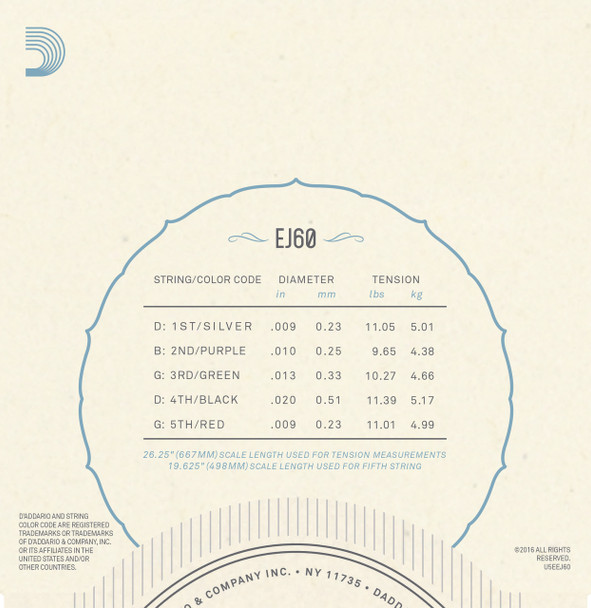 D'Addario EJ60 Nickel Light 9-20 5-string Banjo Strings