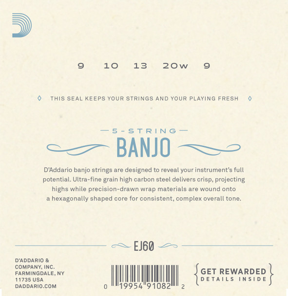 D'Addario EJ60 Nickel Light 9-20 5-string Banjo Strings