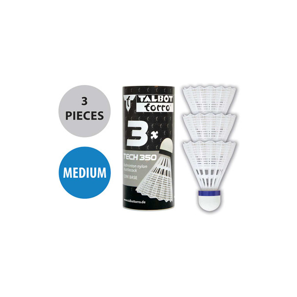 Talbot-Torro Tech 350, White/Blue Medium Nylon Shuttlecocks - 3 Pack