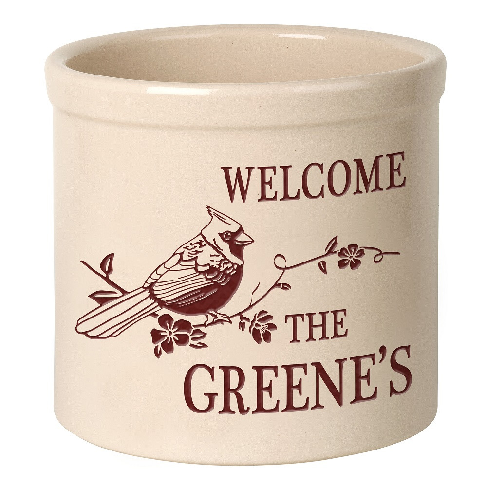 Personalized Perched Cardinal Welcome 2 Gallon Stoneware Crock - Thumbnail 5