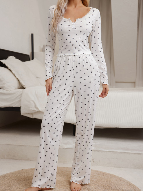 Sleepwear Suit Cute Bowknot Print  Lettuce Trim Top with Long Pant Lovely Loungewear Full Sleeve Nightwear Autumn Pajamas Set Sleepwear Suit Cute Bowknot Print  Lettuce Trim Top with Long Pant Lovely Loungewear Full Sleeve Nightwear Autumn Pajamas Set