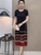 Summer Women's Short-Sleeved Silk Mid-Length Dress Three Ruched Skirt Slim Looking Ink Painting Western Style Pleated Skirt