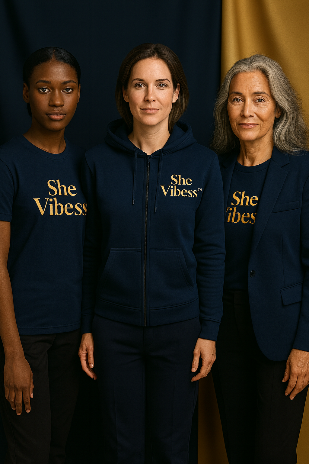 Three elegant women wearing She Vibess™ navy blue and gold apparel, representing beauty, confidence, and modern women’s fashion by C2P.