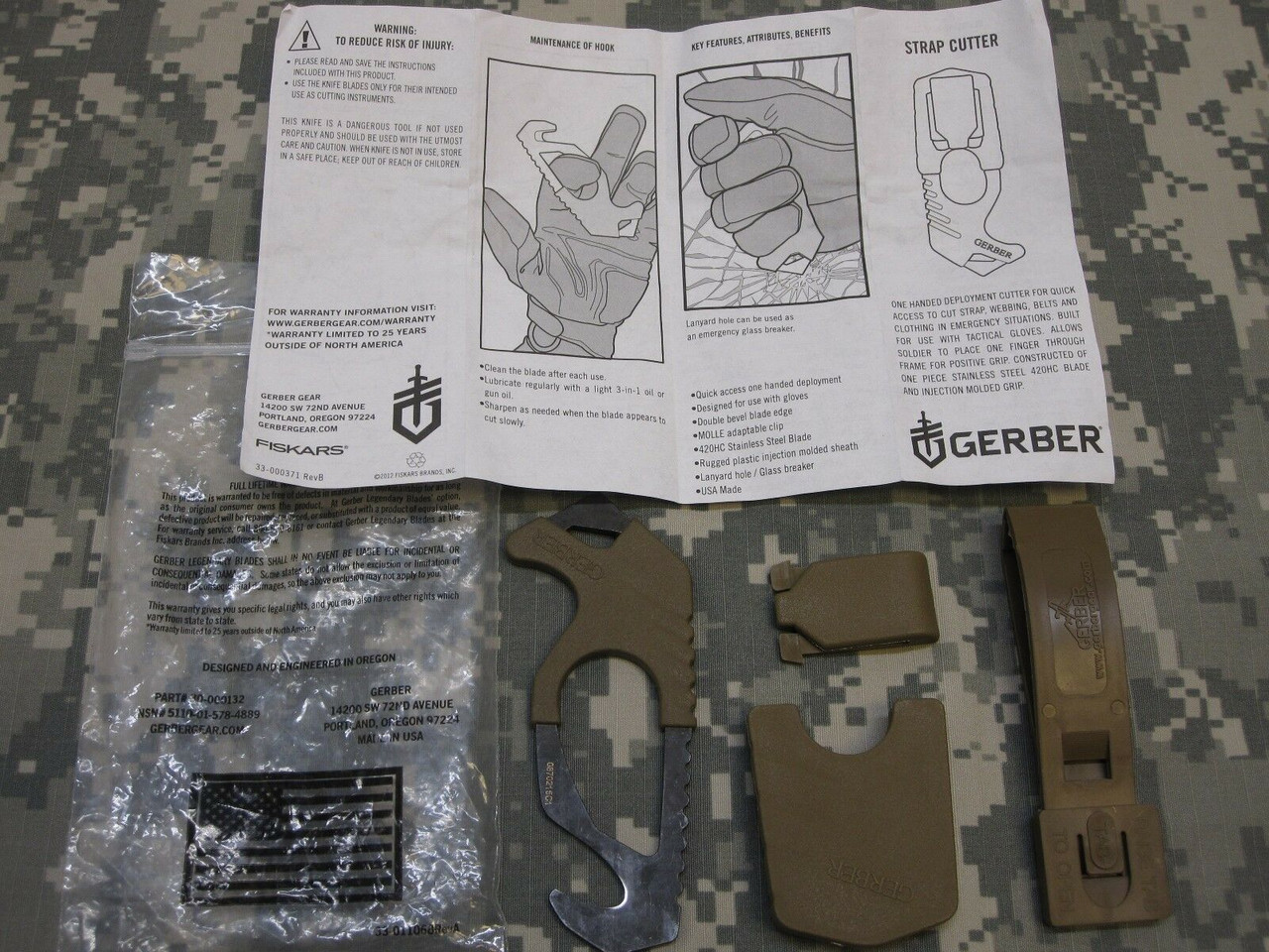 US MILITARY ISSUE GERBER COYOTE BROWN STRAP CUTTER SEAT BELT HOOK KNIFE ARMY OCP