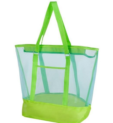 ☆EMIS☆ MESH SHOPPER BAGWHITE m1037_1334895 White Mesh Beach Tote – Vegan Leather Trim, Foldable