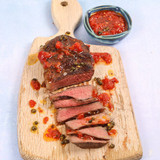 Green peppercorn Sirloin Steaks with smoky barbecue relish