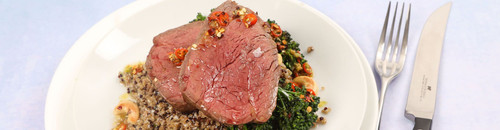 Steak, broccoli and quinoa salad with a coconut dressing