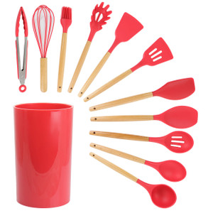 MegaChef Red Silicone and Wood Cooking Utensils, Set of 12 D970-MGSP-570