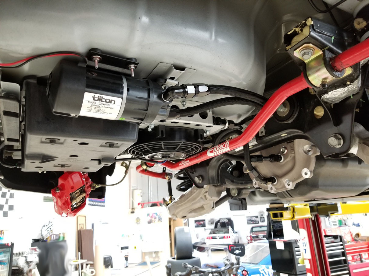 Front Passenger side view of the 15-23 Mustang (S550) Differential Cooler Kit by Full Tilt Boogie. Part # FT 570.