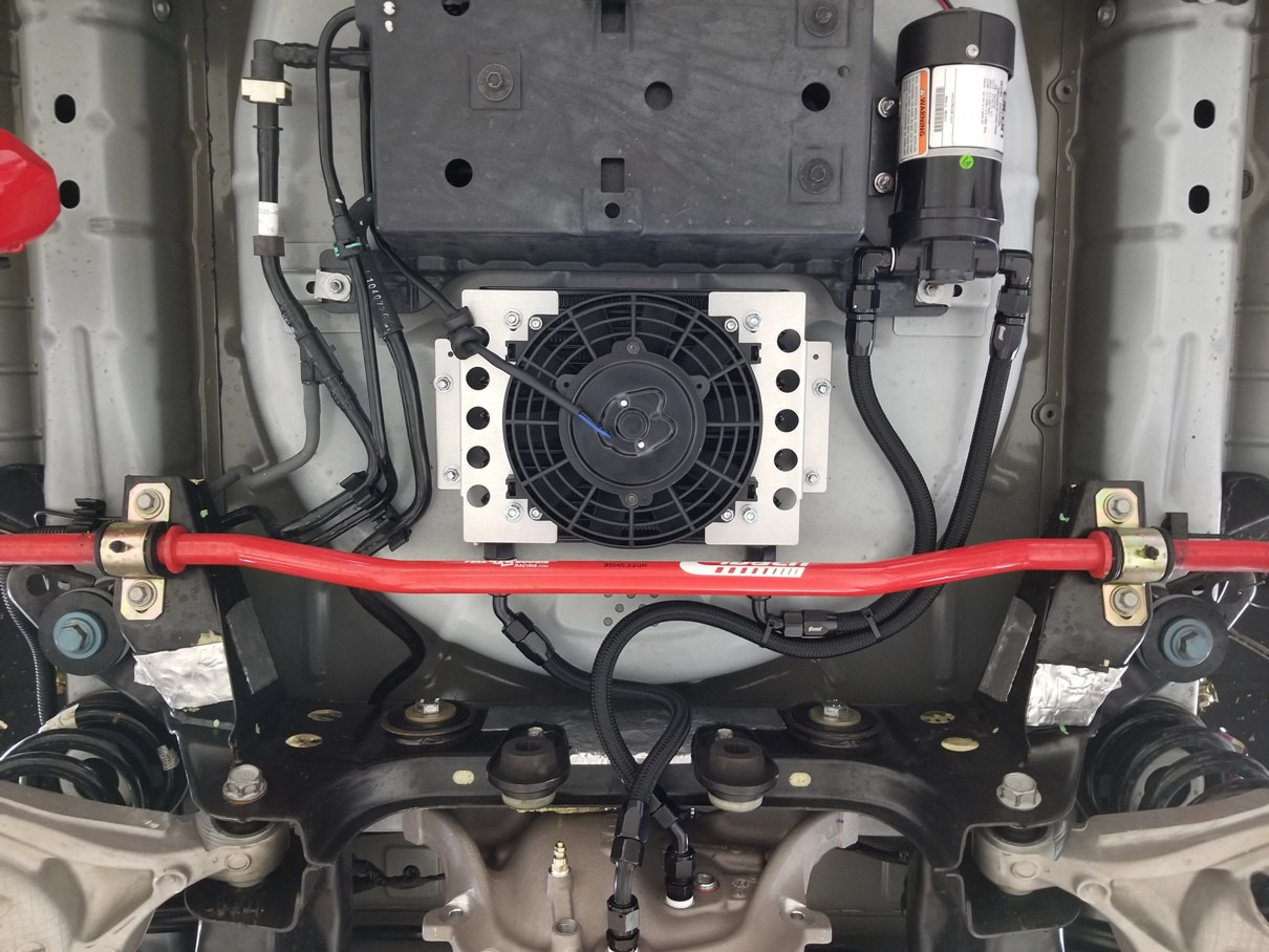 Underside view of the 15-23 Mustang (S550) Differential Cooler Kit by Full Tilt Boogie. Part # FT 570.