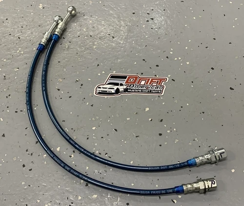 Drift American Extended Length Steel Braided Brake Lines for 79-04 Mustang shown in Blue
