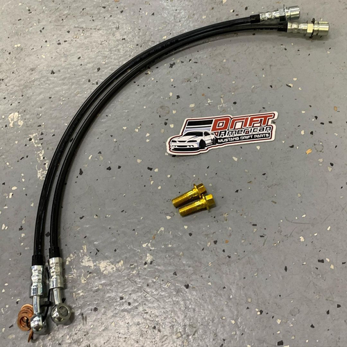 Drift American Extended Length Steel Braided Brake Lines for Ford Mustang shown in black.