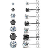 7 Pairs Shiny Silver Black Stud Earrings