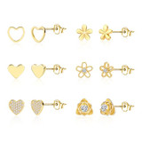 6 pairs gold flower heart studs