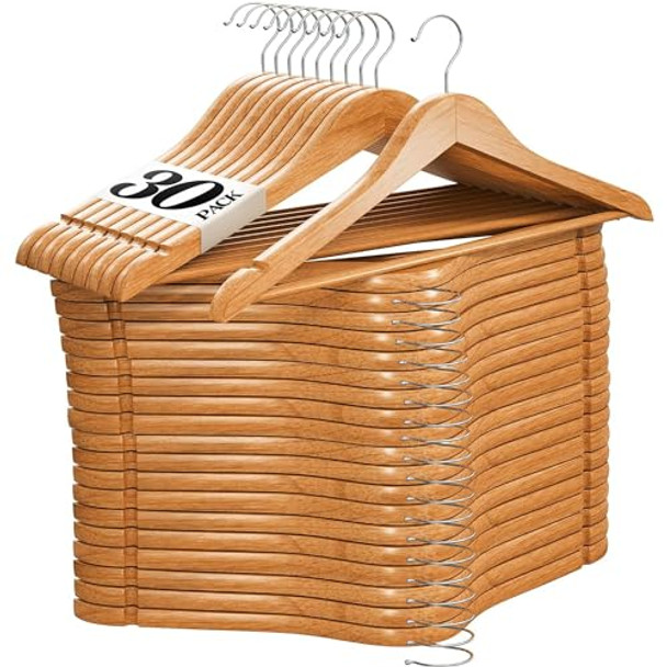 Home-it 30 Pack Natural Wood Solid Wood Clothes Hangers, Coat Hanger