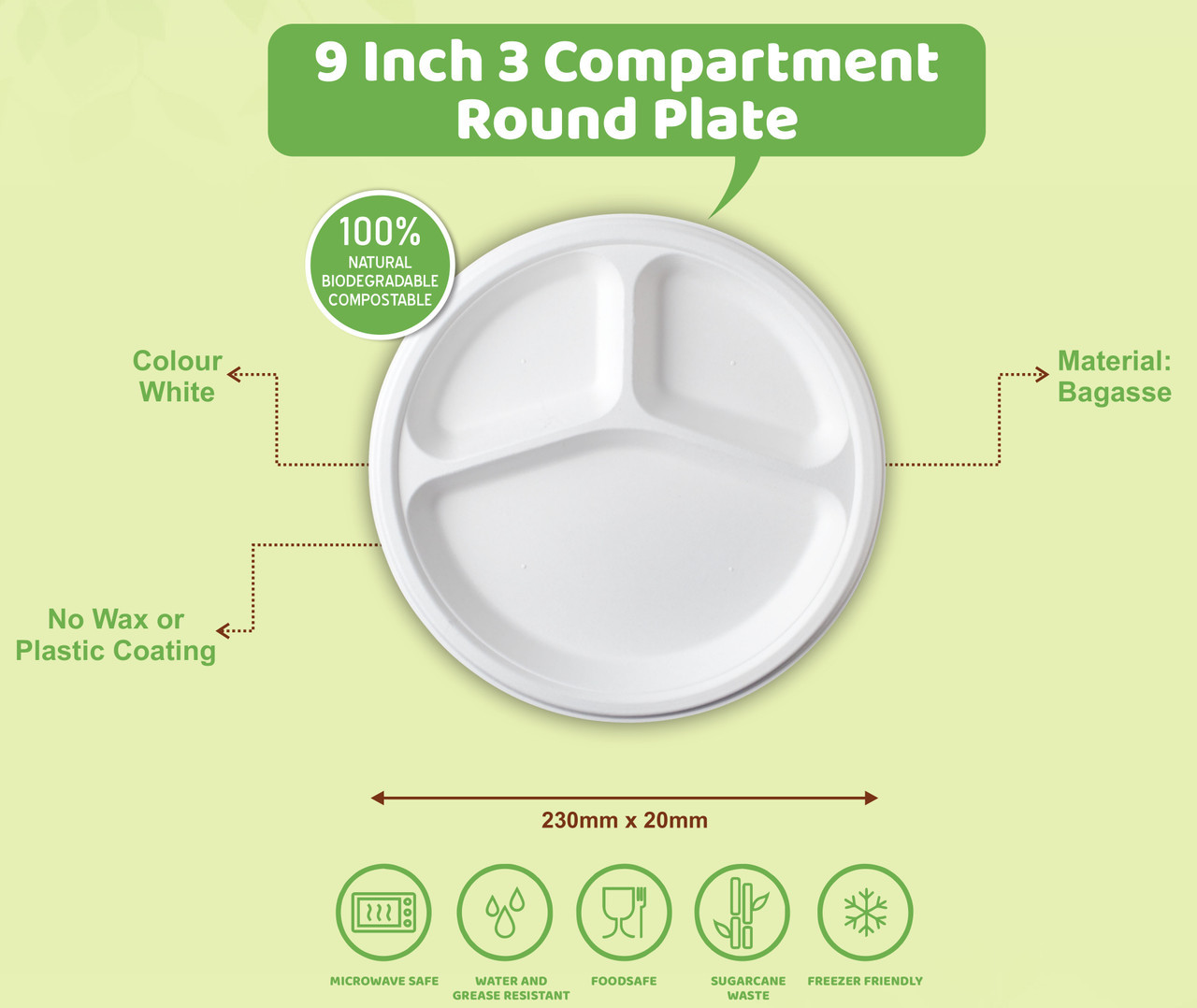 9inch 3 Compartment Round Sugarcane Plate 50pc