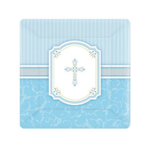 Communion Blue Blessings Paper Square Dessert Plates 8Pk