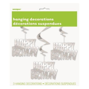 Happy Birthday Swirls Silver - Pk 3