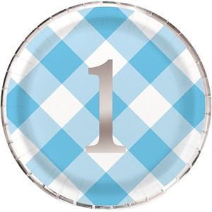 Blue Gingham 1st Birthday Dinner Plates 8pk