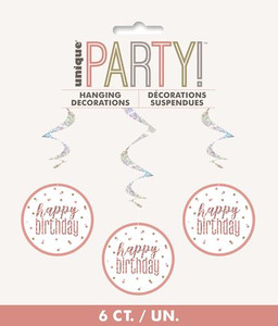 Rose Gold Glitz  Prismatic Happy Birthday Swirls 6pk