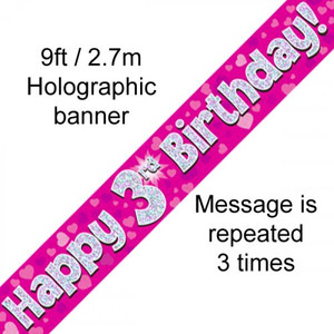Banner 2.7M Pink Holographic Happy 3RD Birthday