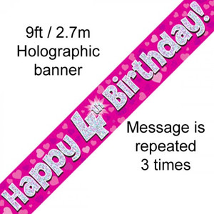 Banner 2.7M Pink Holographic Happy 4TH Birthday