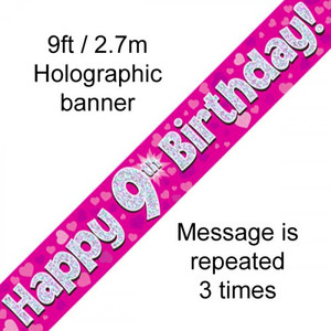 Banner 2.7M Pink Holographic Happy 9TH Birthday