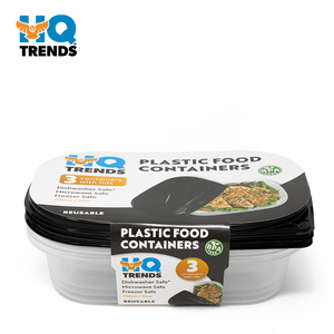 Rectangular Plastic Containers with Black Lid 3-pc Set – 30oz/900ml