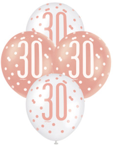 "30" Rose Gold & White Assorted 30cm Balloons 6pk