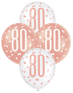 "80" Rose Gold & White Assorted 30cm Balloons 6pk