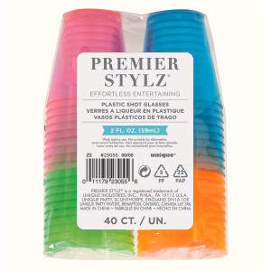 40 Plastic Neon Shot Glasses 59.1ml (2oz)