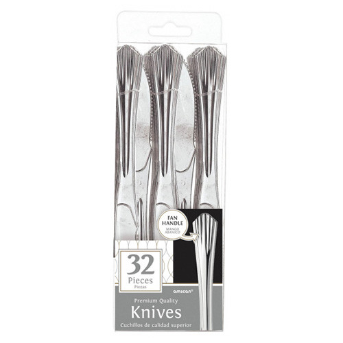 Reusable Premium Plastic Silver Fan-Handled Knives 32Pk