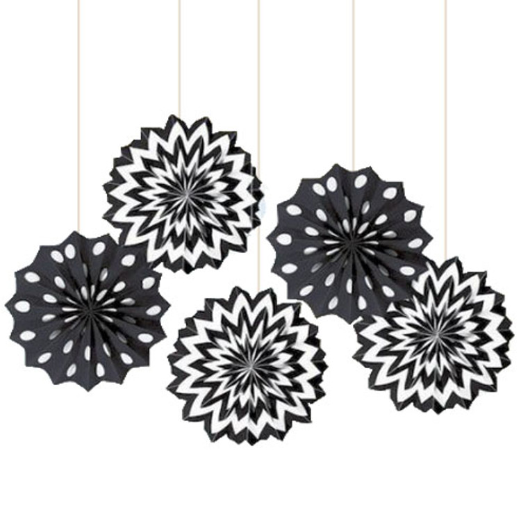 Printed Paper Fan Decorations Black 5pk