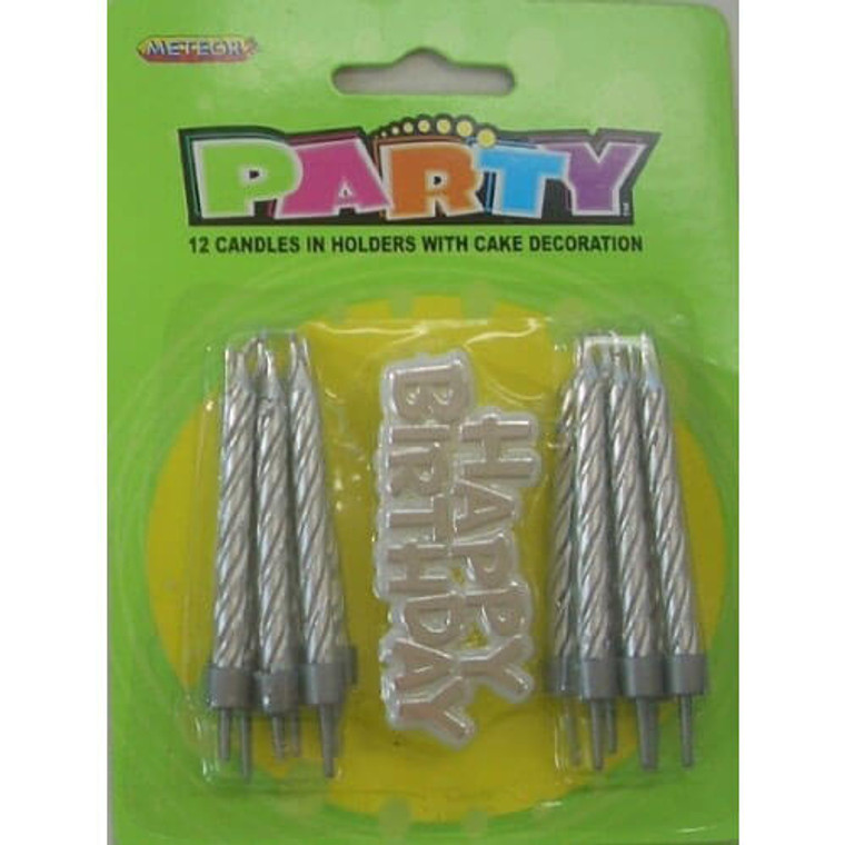 12 Swirl Candles & Cake Decoration - Silver